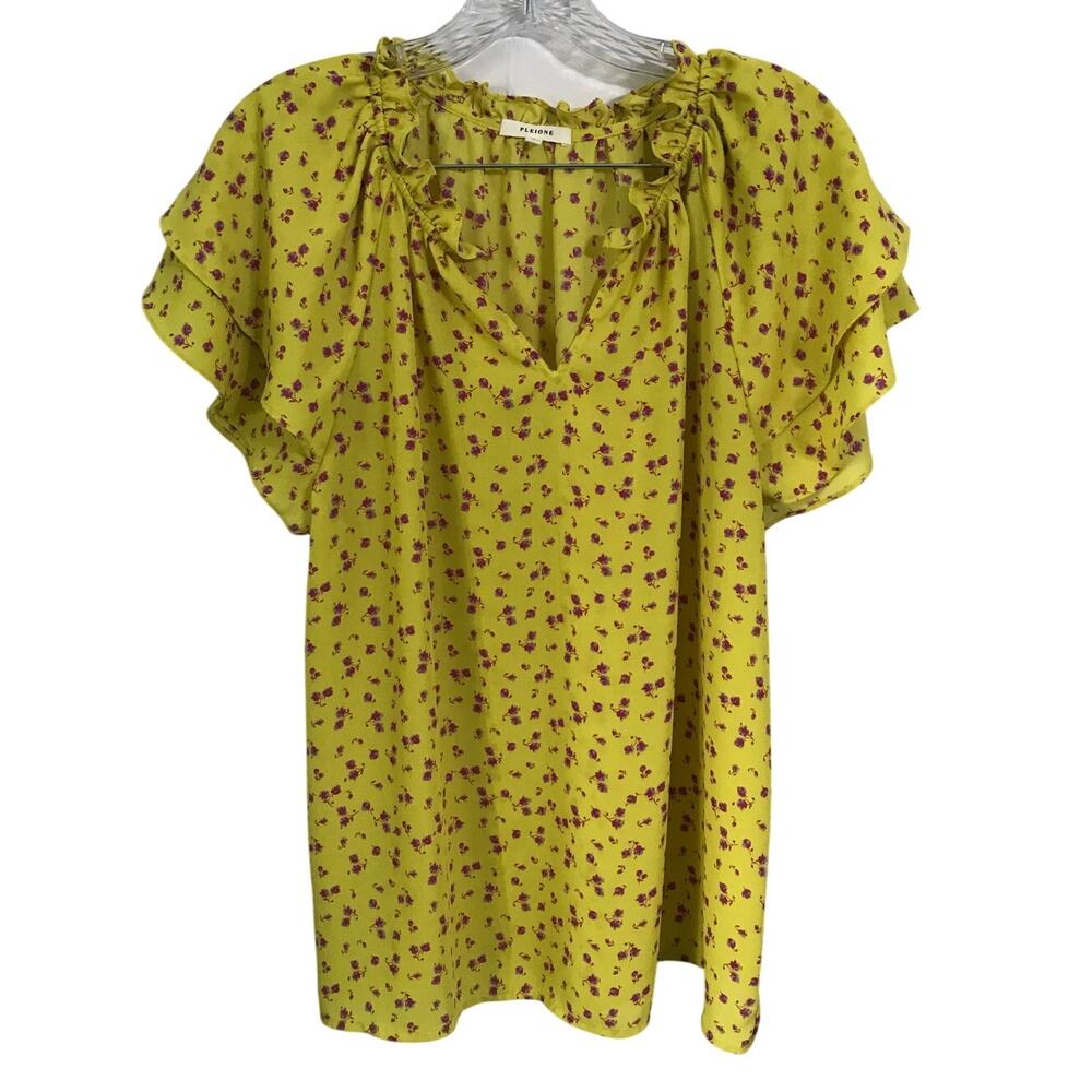 Pleione Blouse Large Womens Chartreuse Yellow Floral Pink Purple Floral Ruffle L